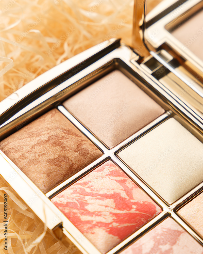 Fototapeta premium MUA and girly concept. Luxury Eyeshadow palette, eye shadows cosmetics product as luxury beauty brand promotion. Fashion blog design. Contouring palette. Makeup palette close up