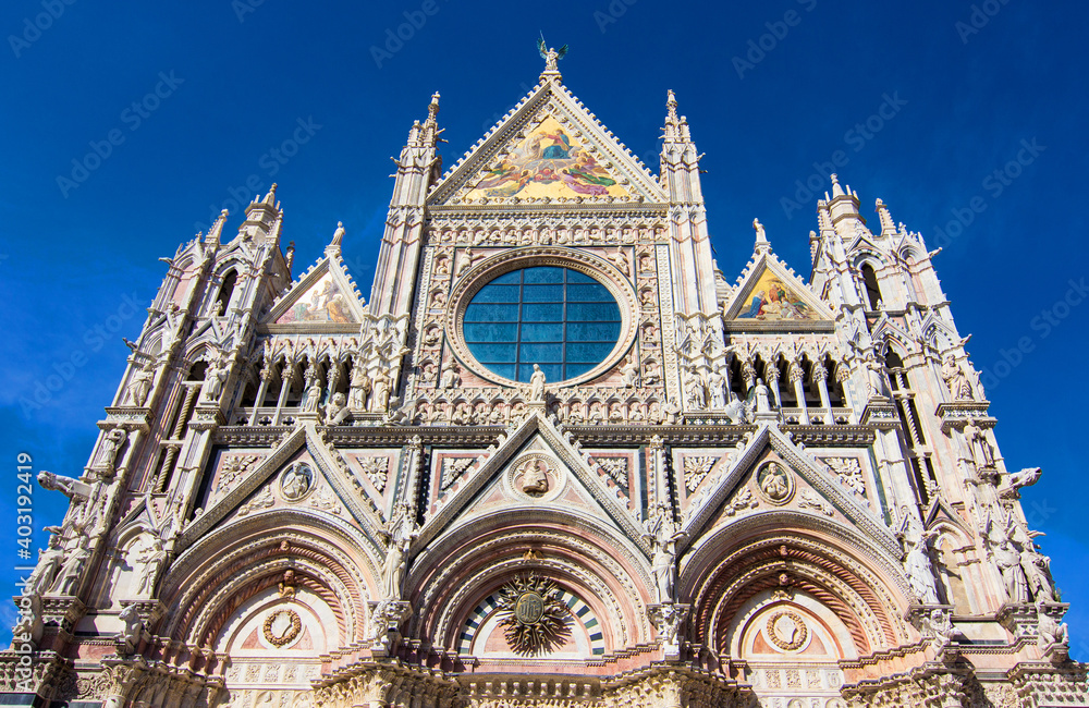 Siena Cathedral (Duomo di Siena) on Duomo square in Siena, Tuscany, Italy. It is a medieval church, now dedicated to the Assumption of the Blessed Virgin Mary, completed between 1215 and 1263