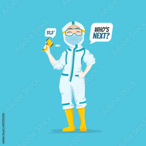 Expressive Nurse Character Illustration wearing ppe hazmat suit holding infrared thermal gun forehead temperature