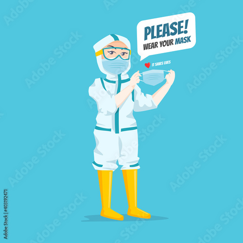 Expressive Nurse Character Illustration wearing ppe hazmat suit telling people to wear a mask  