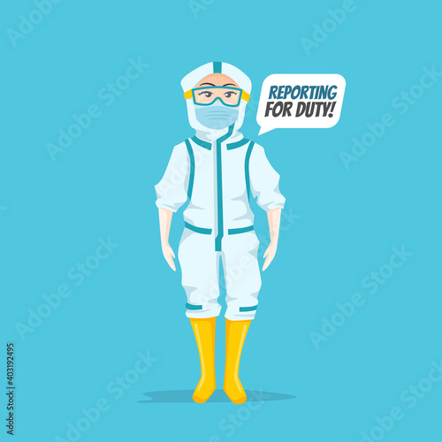 Nurse Character Illustration wearing ppe hazmat suit reporting for duty