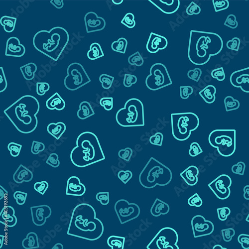 Green line Baby inside heart icon isolated seamless pattern on blue background. Vector.