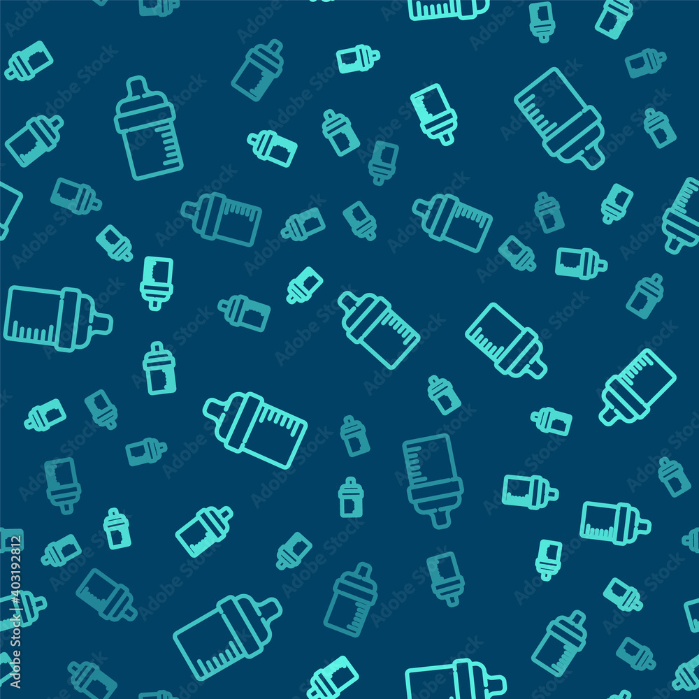 Green line Baby bottle icon isolated seamless pattern on blue background. Feeding bottle icon. Milk bottle sign. Vector. Green line Baby bottle icon isolated seamless pattern on blue background. Feeding bottle icon. Milk bottle sign. Vector.