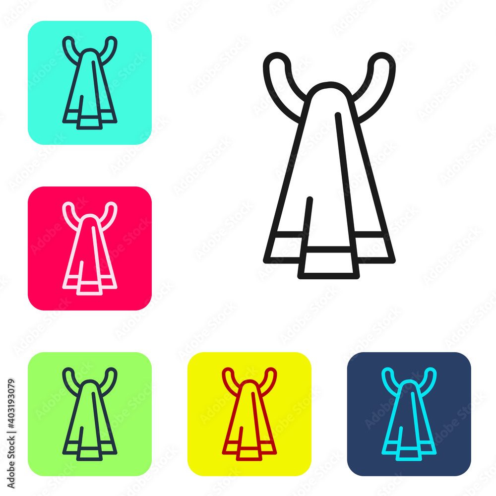 Black line Towel on a hanger icon isolated on white background. Bathroom towel icon. Set icons in color square buttons. Vector. Black line Towel on a hanger icon isolated on white background. Bathroom towel icon. Set icons in color square buttons. Vector.