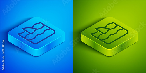 Isometric line Shark fin in ocean wave icon isolated on blue and green background. Square button. Vector.