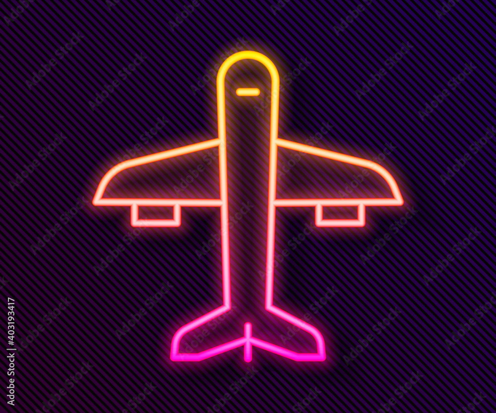 Glowing neon line Plane icon isolated on black background. Flying airplane icon. Airliner sign. Vector. Glowing neon line Plane icon isolated on black background. Flying airplane icon. Airliner sign. Vector.