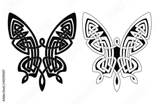 Ornament in the form of butterfly with outstretched wings in the Celtic national style isolated on a white background.