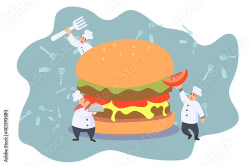 Making Burger with tiny personillustration concept. Professional chefs on the kitchen