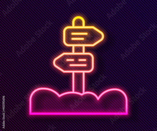 Glowing neon line Road traffic sign. Signpost icon isolated on black background. Pointer symbol. Street information sign. Direction sign. Vector.