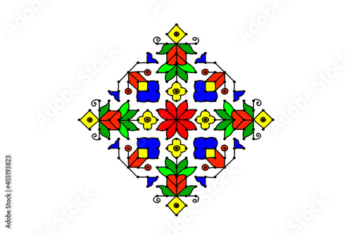  Indian traditional and cultural beautiful Rangoli with squares,  dots,  star, flower, and leaf shape filled with colors Alpona, Kolam or Paisley vector line art isolated on  colorful background.   
