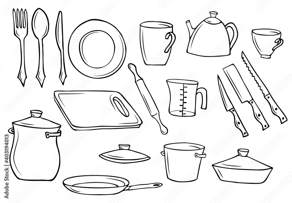 A set of dishes for cooking and eating. Cutlery, bakeware and pans. Outline black and white drawing, isolated image. A set of dishes for cooking and eating. Cutlery, bakeware and pans. Outline black and white drawing, isolated image.