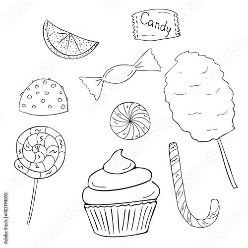 Set of various sweets confectionery. Candy and lollipops wrapper, cupcake and chocolate candy with nuts.Contour black and white drawing, isolated image.