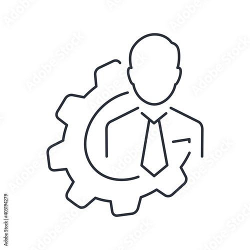 Businessman and gear. Personal management. Vector linear icon isolated on white background.