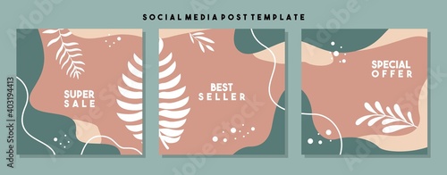Social media pack template for discount and special offer. Modern promotion square web banner for mobile apps. Elegant sale and promo