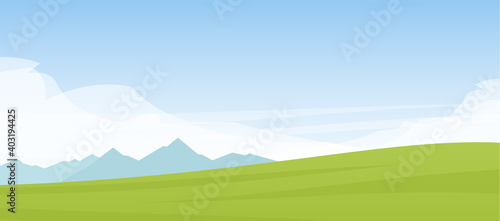 Vector Summer cartoon flat landscape with mountains, hills and green field.