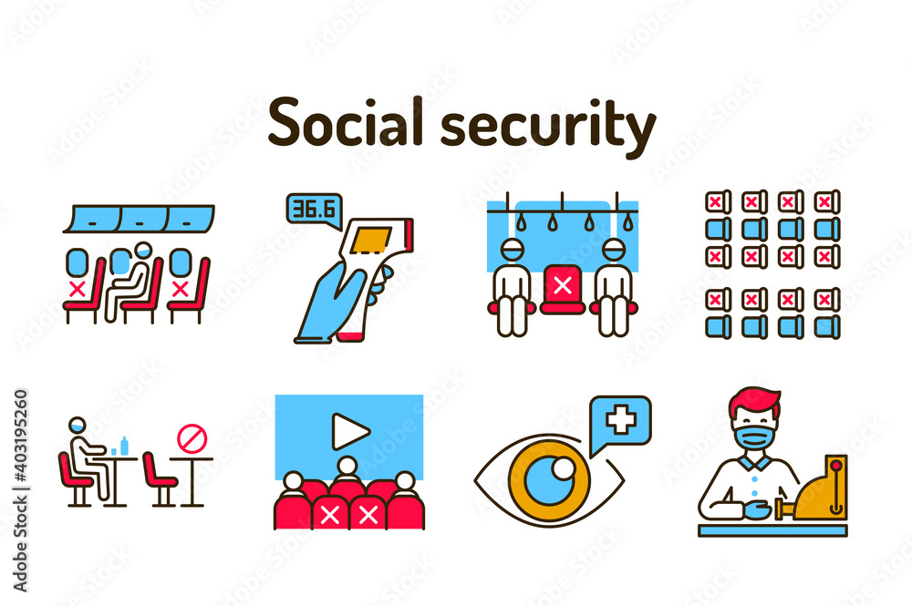 Social security color line icons set. Pictograms for web page, mobile app, promo