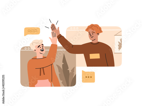 Happy young guys have online video conference at desktop screen, work at home, virtual conversation with friends, smiling man giving high five, vector illustration in flat cartoon style, pastel colors