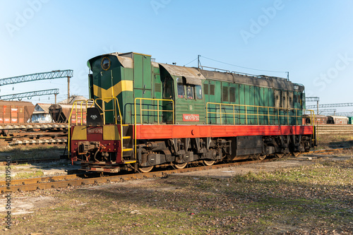 Kyiv (Kiev), Ukraine - January 2, 2020: Old and rusty freight cargo train, carriages, tank truck, oil tank car, cistern car, railroad, railway