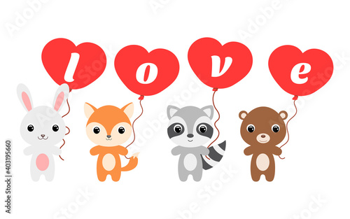 Fototapeta Naklejka Na Ścianę i Meble -  Group of cute animals. Cartoon rabbit, fox, bear, raccoon stand and hold balloons in their hands. Happy Valentine day. Set of characters isolated on white background. Vector stock illustration.