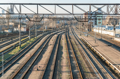 Kyiv (Kiev), Ukraine - January 2, 2020: Empty railroad, railway interchange (flyover, road junction)