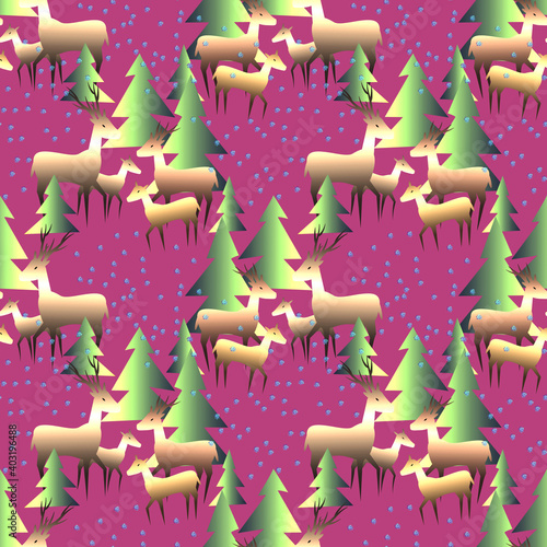 Deers in a winter forest with snowing, seamless pattern.