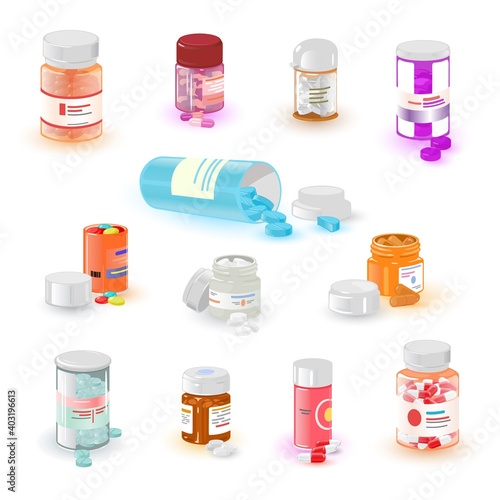 Collection of plastic container with medication for medical treatment. Vector therapy for ill patient, various shapes of tablets in jars. Medicine and healthcare idea isolated on white background