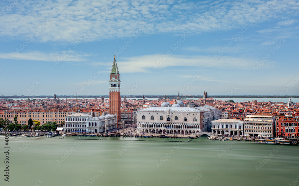 Piazza San Marco and Venice island from San Giorgio. Aerial view looking down on St Marks Square and Bridge of Sighs. 