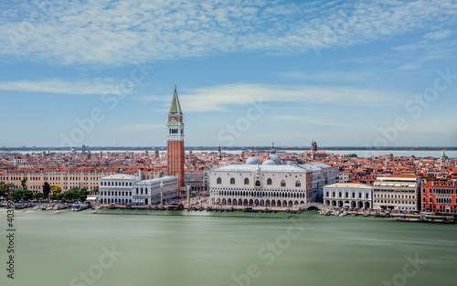 Piazza San Marco and Venice island from San Giorgio. Aerial view looking down on St Marks Square and Bridge of Sighs.  © Chris Chambers