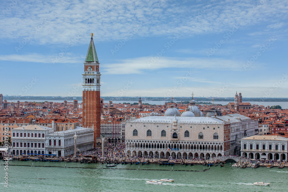Piazza San Marco and Venice island from San Giorgio. Aerial view looking down on St Marks Square and Bridge of Sighs. 