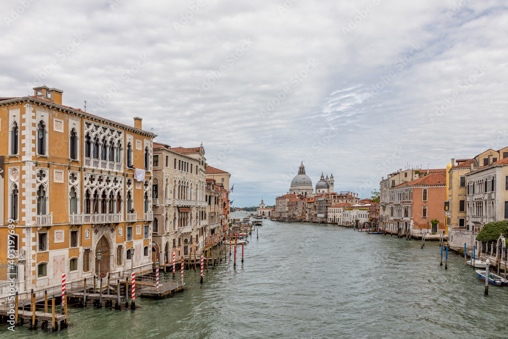 The grand canal in Venice Italy looking towards Basilica di Santa Maria della Salute from Acadamia Bridge