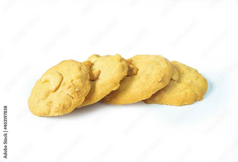 Isolated image close up sweets cookies chips oatmeal mixed grain food freshly made dessert american style white background with clipping path. Isolated image close up sweets cookies chips oatmeal mixed grain food freshly made dessert american style white background with clipping path.