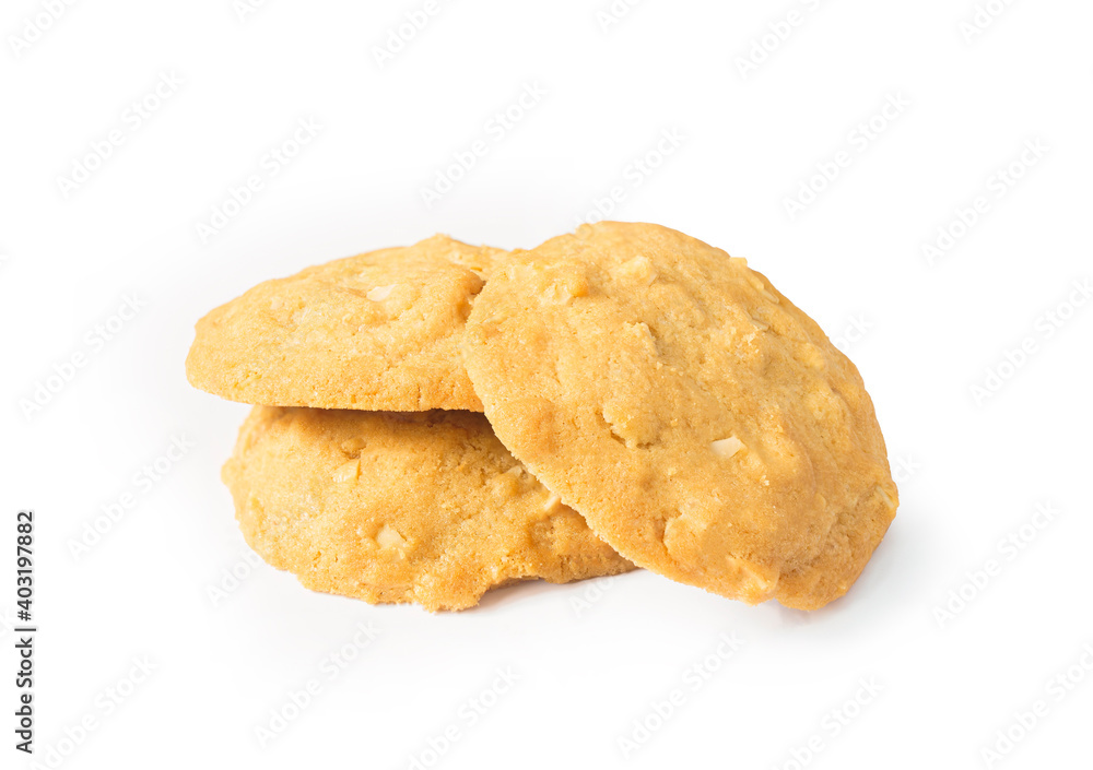 Isolated image close up sweets cookies chips oatmeal mixed grain food freshly made dessert american style white background with clipping path. Isolated image close up sweets cookies chips oatmeal mixed grain food freshly made dessert american style white background with clipping path.