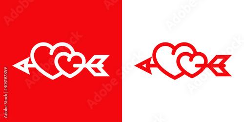 Día de San Valentín. Logotipo con 2 corazones perforados por una flecha con lineas en fondo rojo y fondo blanco