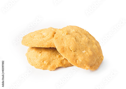 Isolated image close up sweets cookies chips oatmeal mixed grain food freshly made dessert american style white background with clipping path.