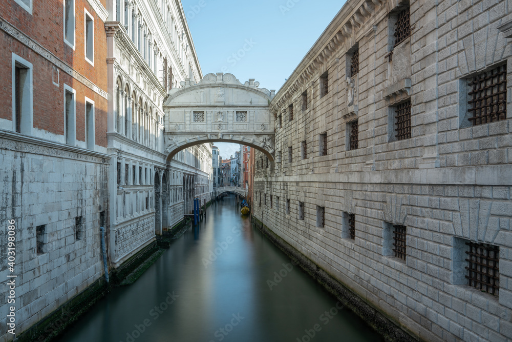 Bridge of Sighs Venice Italy. View over the canal to the bridge and Doge's Palace. 