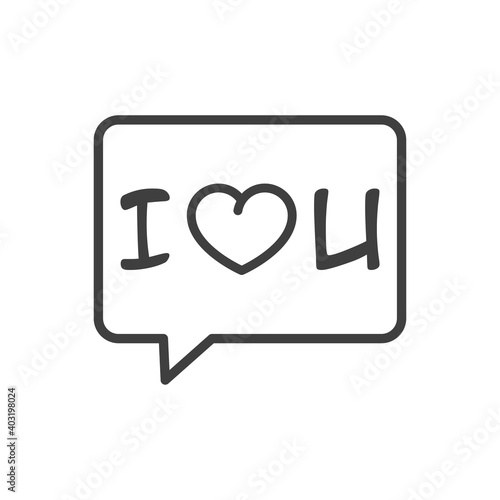 Día de San Valentín. Logotipo con texto I love you escrito con corazón en burbuja de habla con lineas en color gris
