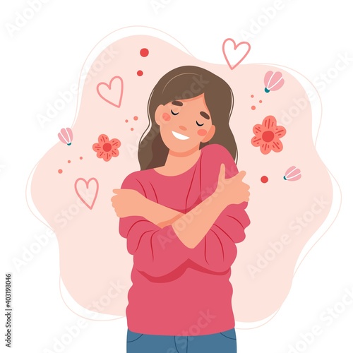 Love yourself concept, woman hugging herself, vector illustration in flat style