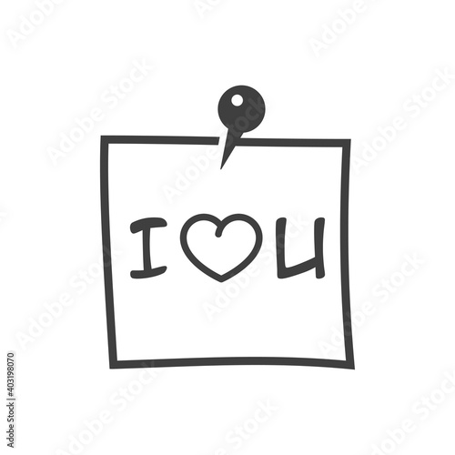Día de San Valentín. Logotipo con texto I love you escrito con corazón en hoja de papel con alfiler con lineas en color gris