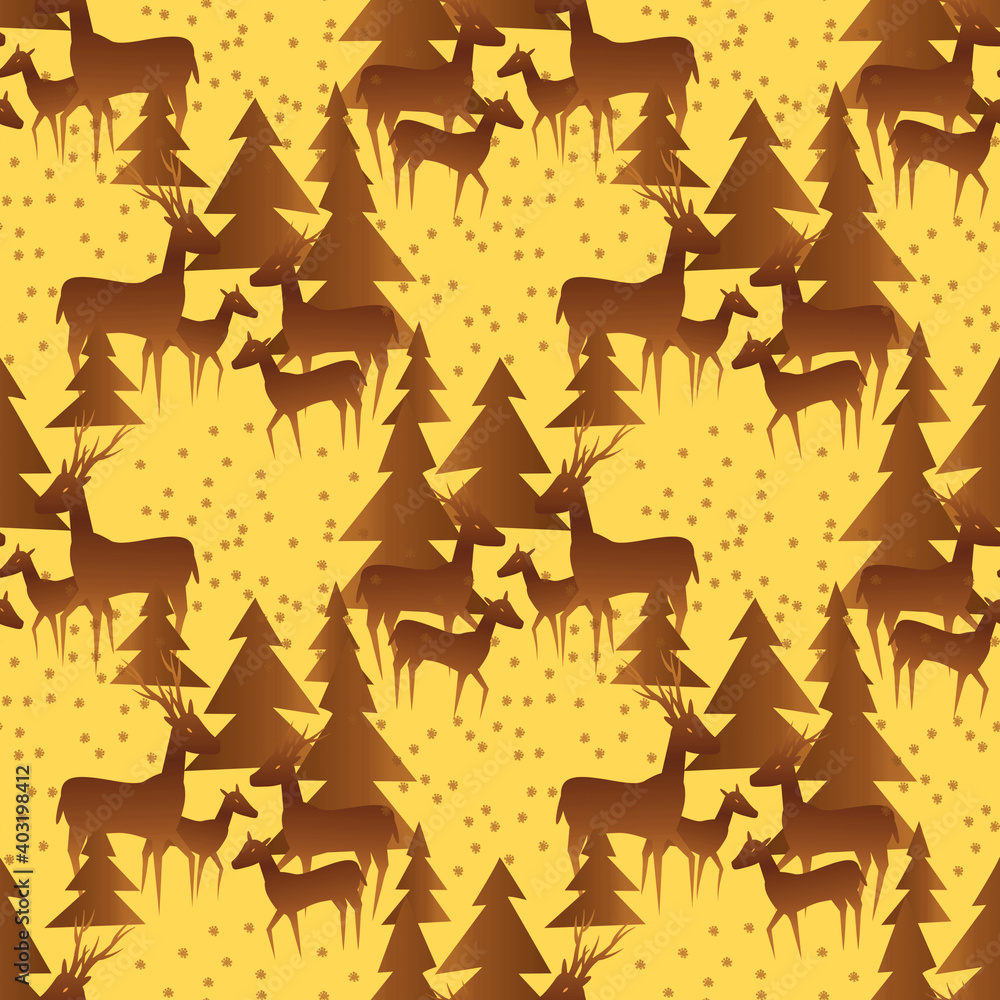 Deers in a winter forest with snowing, seamless pattern. Deers in a winter forest with snowing, seamless pattern.