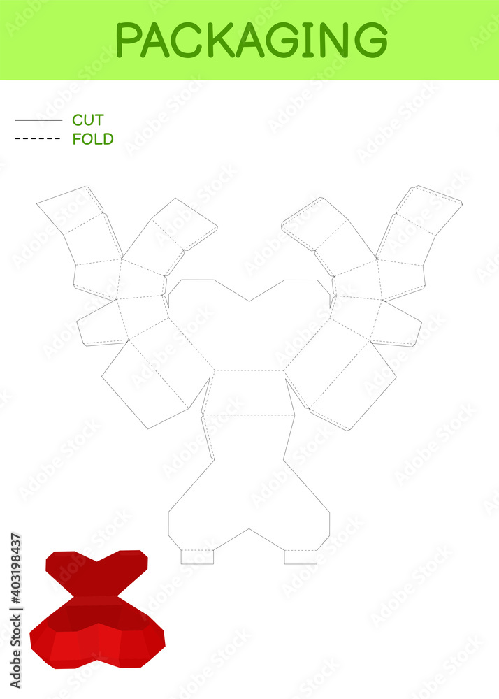 Obraz premium Heart gift box template for Valentine's day, birthdays, baby showers for sweets, candies, small presents, bakery. Retail box blueprint template design. Print, cutout, fold, glue. Vector illustration.