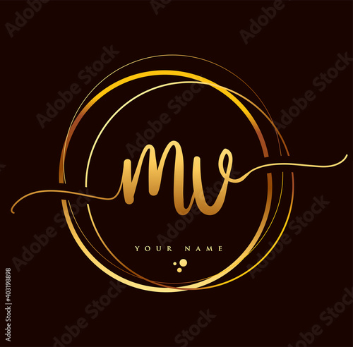 MV Initial handwriting logo golden color. Hand lettering Initials logo branding, Feminine and luxury logo design isolated on black background.