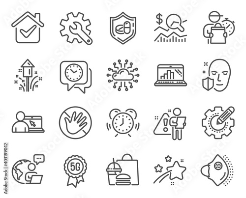 Science icons set. Included icon as Do not touch, 5g technology, Time management signs. Cloud network, Face protection, Graph laptop symbols. Online education, Check investment, Fireworks. Vector