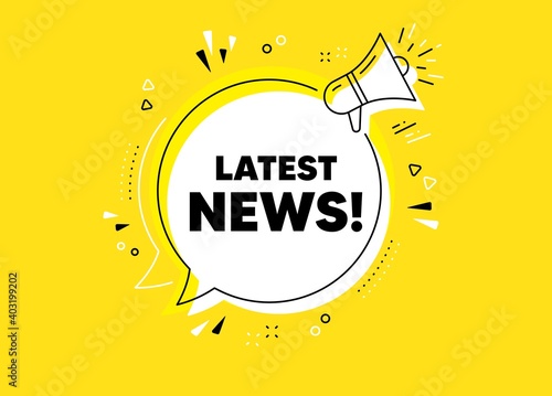 Latest news symbol. Megaphone yellow vector banner. Media newspaper sign. Daily information. Thought speech bubble with quotes. Latest news chat think megaphone message. Vector