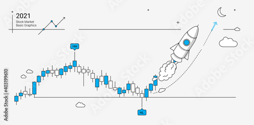 Stock market and economy growth illustration in linear graphic style. Basic graphics with rocket, candle chart and technical analysis symbols.