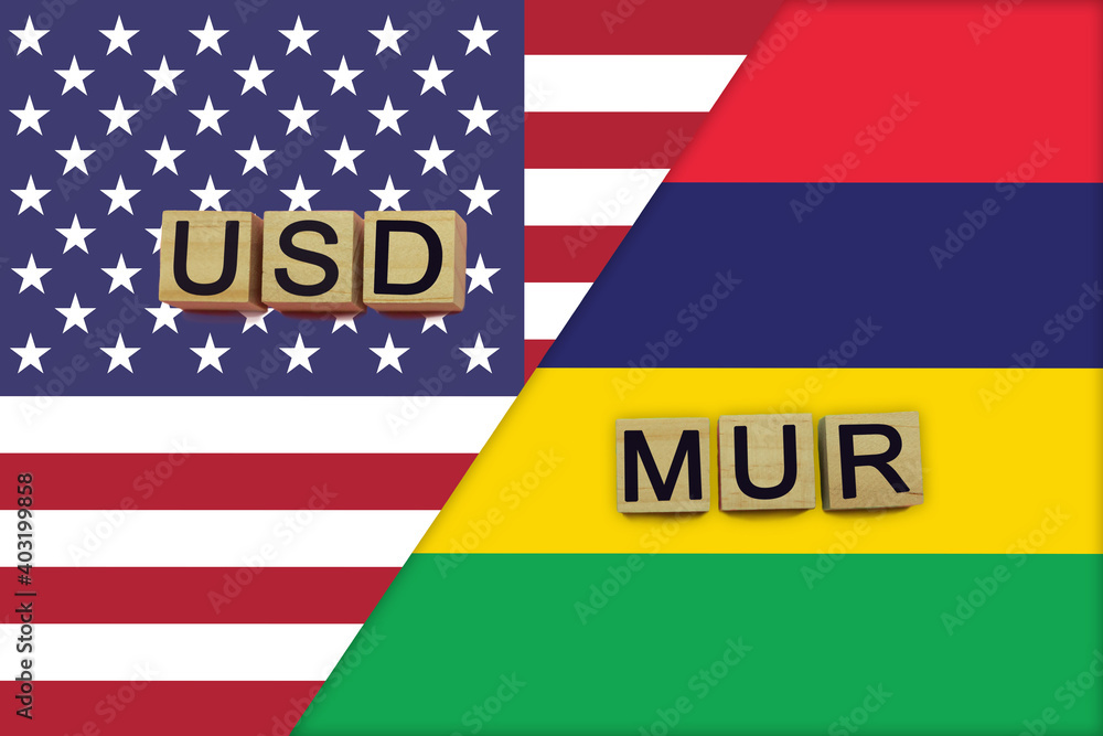 USA and Mauritius currencies codes on national flags background USA and Mauritius currencies codes on national flags background