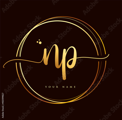 NP Initial handwriting logo golden color. Hand lettering Initials logo branding, Feminine and luxury logo design isolated on black background.