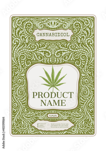 Cannabis Template for product label, cosmetic packaging. Easy to edit. In art nouveau style, vintage, old, retro style. Isolated on white background..