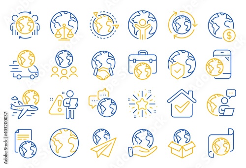 World business line icons. Global law, translate language, Outsource business. International organization, financial transactions, world map icons. Delivery service, global outsource. Vector
