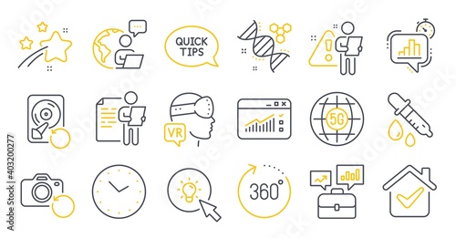 Set of Science icons, such as Statistics timer, Business portfolio, Recovery hdd symbols. Energy, Chemistry dna, Web traffic signs. Augmented reality, Recovery photo, Chemistry pipette. Vector