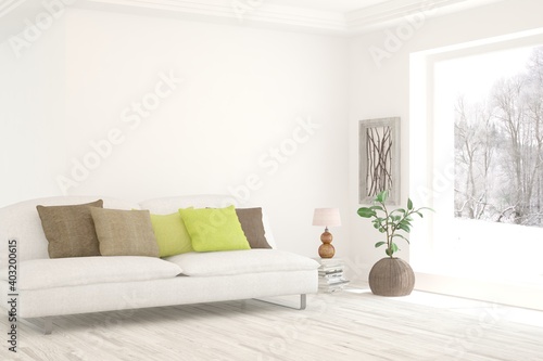 White living room with sofa and winter landscape in window. Scandinavian interior design. 3D illustration